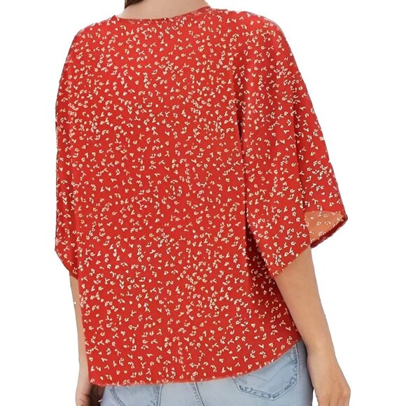 Boho Floral Blouse Casual 3/4 Sleeve V-Neck Tie Front Batwing Flower Red Medium - Picture 3 of 4